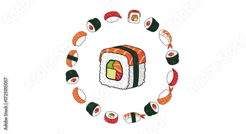 Vibrant assortment of fresh sushi and nigiri artfully arranged in a circular display, showcasing the delicious and traditional Japanese culinary experience