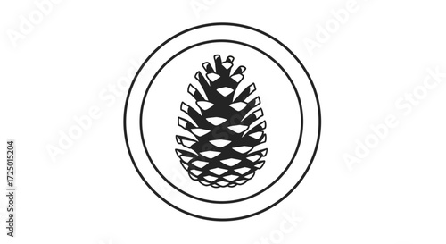 Elegant black and white graphic illustration featuring a stylized pine cone emblem neatly enclosed within a decorative double circle, perfect for branding or nature-themed designs