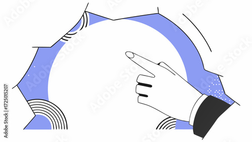 Trendy halftone collage of a female hand pointing toward a torn paper edge, abstract vector composition, modern minimalist design, textured pastel tones, contemporary 4K illustration