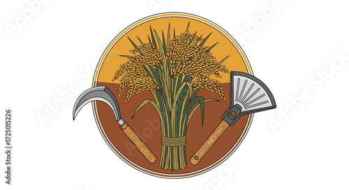 Agricultural symbol with golden rice harvest, traditional sickle, and winnowing fan, representing farming, hard work, and sustainable cultivation of food
