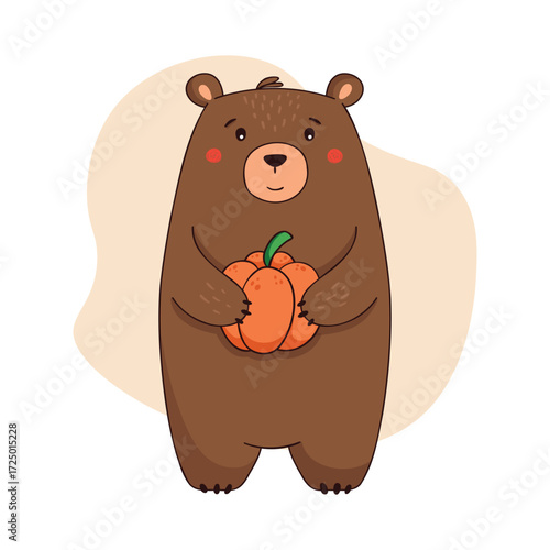 Cute brown bear holding a pumpkin. Charming hand-drawn character in a flat style. Kawaii clipart