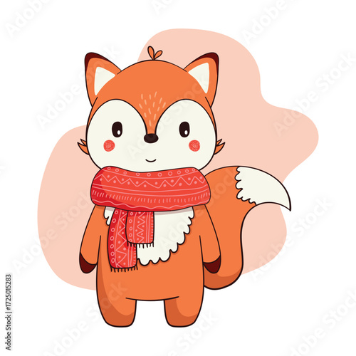 Cute fox character with a red scarf around its neck. Kawaii forest animal in flat style, hand-drawn clipart