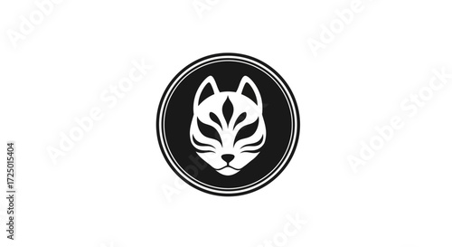 Elegant monochrome emblem featuring a stylized Japanese fox spirit mask, symbolizing mystery and ancient folklore