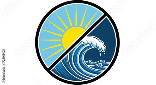 Striking conceptual symbol depicting a warning or prohibition against natural extremes, balancing the serene warmth of sun with the turbulent power of ocean waves