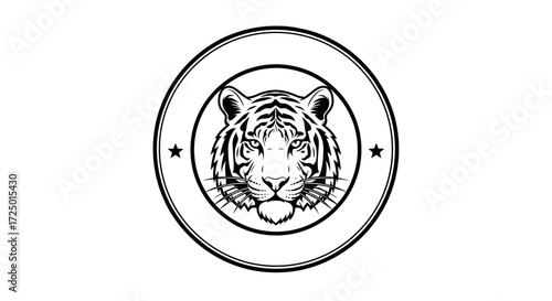 A powerful black and white illustration featuring a majestic tiger's head within an emblem, symbolizing strength and wild nature. Ideal for branding, logos, or decorative designs
