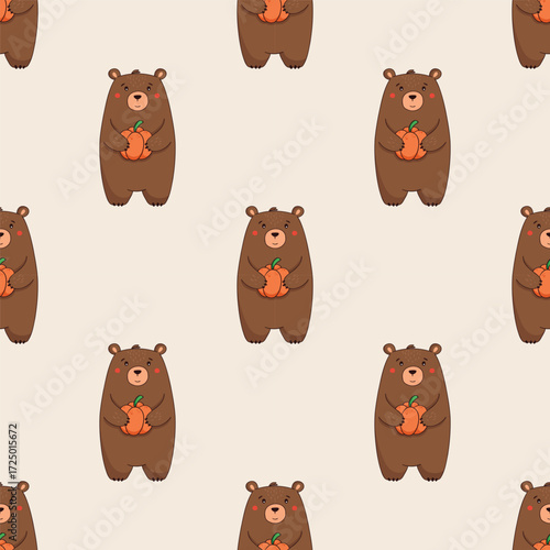 Seamless pattern with a brown bear holding a pumpkin. Children's print with a charming kawaii character