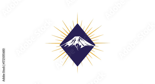 Stylized mountain emblem with sunburst and diamond frame, evoking a classic Japanese peak, symbolizing strength and natural grandeur