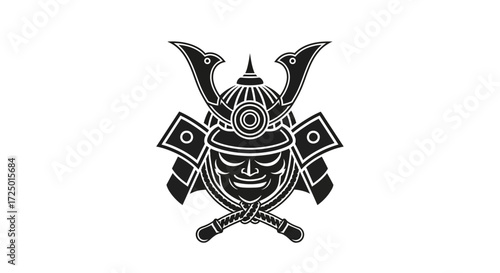 Striking monochrome vector illustration of a traditional Japanese samurai helmet and mask, embodying historical strength, warrior spirit, and cultural symbolism in a bold graphic design