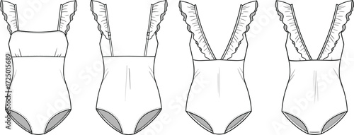 One piece swimsuit fashion sketch, technical drawing with ruffle straps, deep V neckline, straight neckline variation, garment design illustration, apparel flat, clothing template, vector style