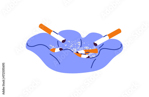 Icon of full ashtray with burning cigarette butts. Blue ash pot with smoldering cig stubs. Bowl, plate with trash, waste of smoking cigars. Flat isolated vector illustration on white background.