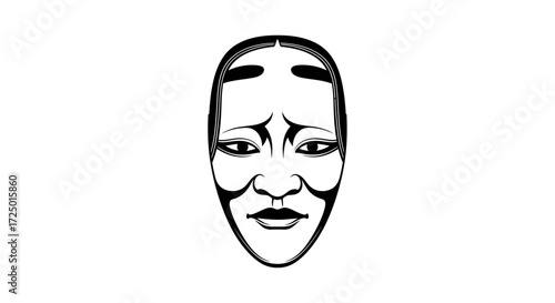 Bold black and white illustration of a traditional Japanese theatrical mask, embodying dramatic folklore and ancient cultural expression. This stylized graphic art piece