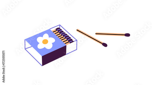 Icon of cute matchbox. Matchbook with matchsticks. Box of matches for fire or lighting cigarettes. Pack of sticks for smoking, trekking, hiking. Flat isolated vector illustration on white background.