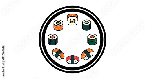 Artfully arranged graphic illustration featuring a delightful variety of traditional Japanese sushi and maki rolls in a circular design, ideal for culinary menus, restaurants, and food promotions