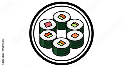 A vibrant and clean graphic illustration depicting a selection of neatly arranged sushi rolls, artfully presented on a round serving plate, embodying the essence of Japanese culinary art