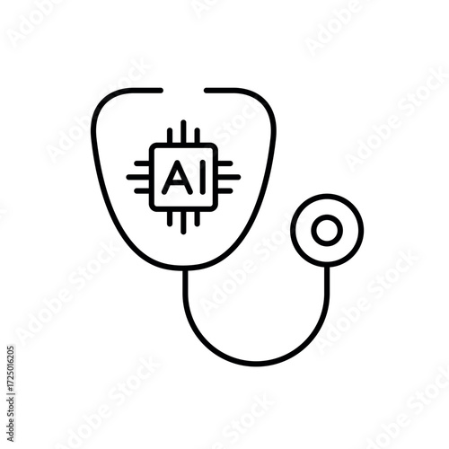 A vector icon showing a stethoscope with an AI microchip, representing artificial intelligence in medical diagnostics, created in line style with editable stroke