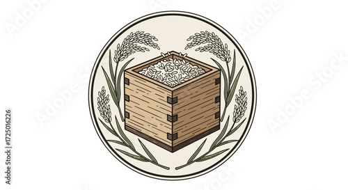 Traditional Japanese emblem featuring a wooden masu box filled with pristine rice grains, elegantly framed by graceful rice stalks, symbolizing agricultural abundance, cultural heritage