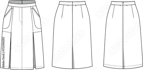 Fashion technical flat sketch skirt design, front side back view, apparel template, garment construction drawing, clothing blueprint, A-line silhouette, waistband seam detail illustration