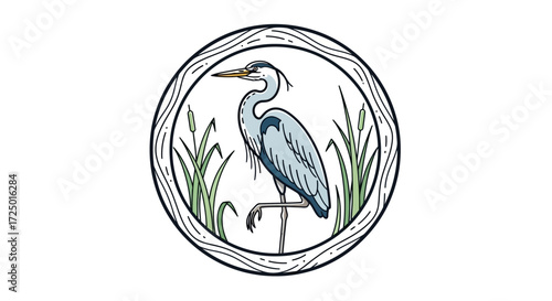 Graceful Heron Illustration Amidst Wetland Reeds Encased in a Rustic Wooden Frame, Symbolizing Tranquil Nature and Wildlife Elegance