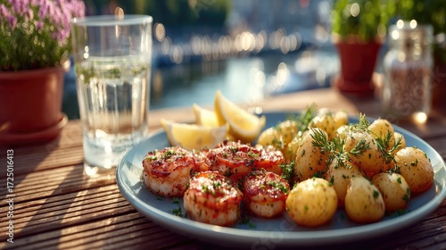 Grilled Shrimp and Potato Platter with Lemon Wedges on Wood Table in Outdoor Setting with City Background and Warm Sunlight