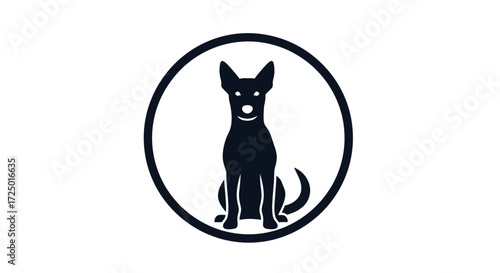 Sleek minimalist black dog silhouette icon in a modern circular graphic, ideal for pet branding, digital design, and various animal-themed applications
