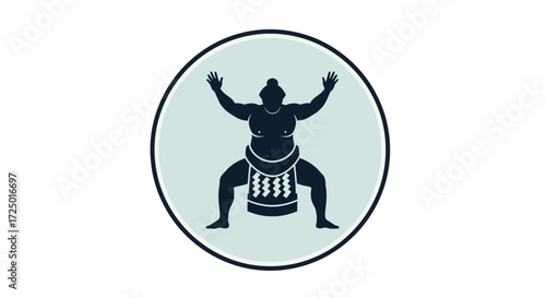Dynamic Silhouette of a Traditional Japanese Sumo Wrestler within a Circular Emblem, Highlighting Strength, Culture, and Athleticism, Perfect for Sports and Cultural Designs