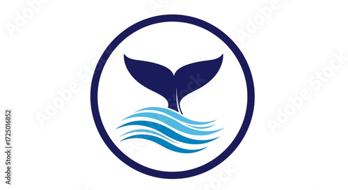 Dynamic and minimalist blue whale tail logo design emerging from ocean waves within a clean circular graphic, symbolizing marine life, conservation, and water themes