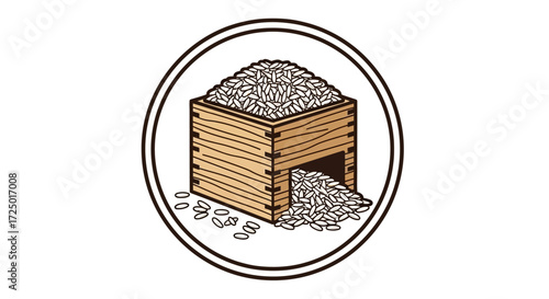 Japanese wooden masu box icon filled with white rice grains, symbolizing abundance and harvest. A traditional illustration representing staple food and cultural prosperity