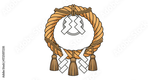 Traditional Japanese Shimenawa rope, a sacred Shinto symbol of purification and warding off evil, meticulously illustrated with shide paper strips and tassels for cultural designs