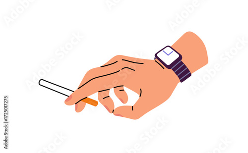 Person with modern watches smokes cigarette. Smoker with tobacco and nicotine addiction holds burning cig with fingers. Slim cigar with ash in human hand. Flat isolated vector illustration on white