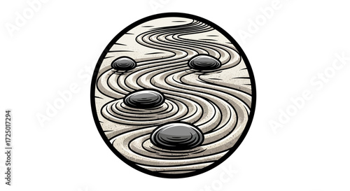 Minimalist Japanese Zen garden illustration featuring raked sand patterns and smooth black stones, symbolizing peace, meditation, and spiritual harmony in traditional Asian culture