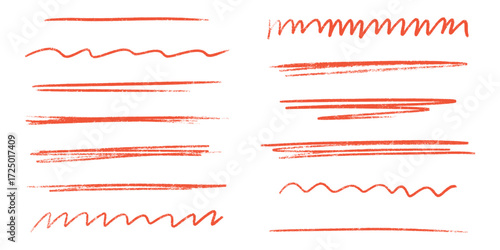Red line brush stroke with pencil underline and crayon textures for graphic design - wavy marks, straight elements and zigzag patterns. Hand drawn highlights with rough edges for text decoration.