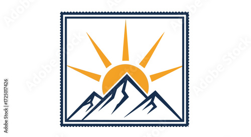 Clean vector illustration showcasing a majestic mountain range with a radiant sunburst, enclosed in a decorative square frame, perfect for branding and nature-themed designs