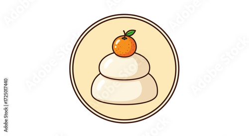 Charming illustration of a traditional Japanese New Year decoration, featuring stacked round rice cakes topped with a bright orange