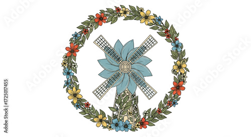 Stylized blue windmill illustration framed by a colorful floral wreath, embodying sustainable energy, natural beauty, and rustic charm. Perfect for spring designs