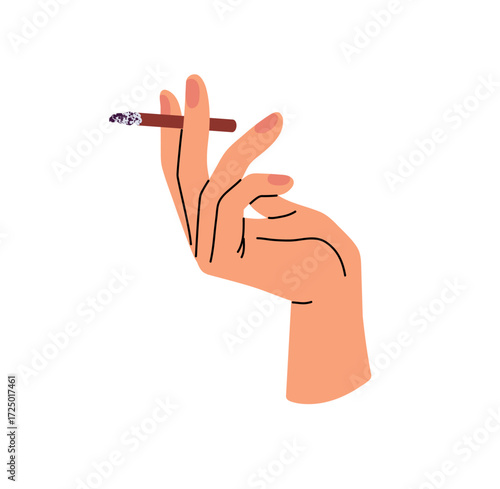 Smoker holds burning cigarette with his fingers. Person with bad habit, tobacco and nicotine addiction smokes cig. Smoldering cigar in human hand. Flat isolated vector illustration on white background