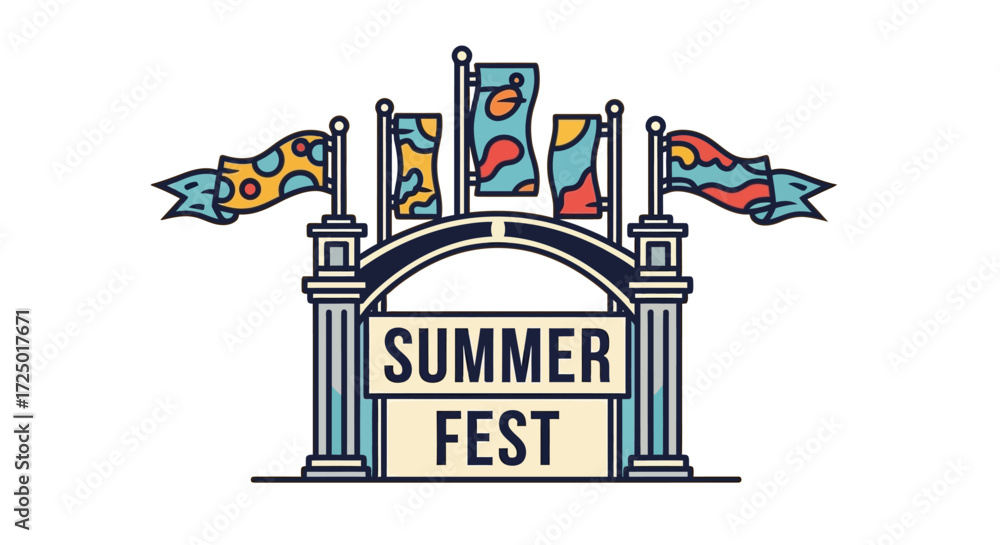 Fototapeta premium Colorful Summer Fest Entrance Gate with Waving Banners and Abstract Art Flags, Symbolizing Fun, Joy, and Outdoor Celebrations