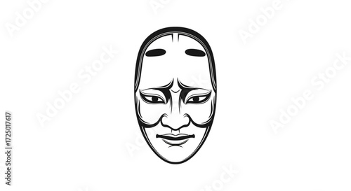 Elegant black and white line art depicting a traditional Japanese theatrical Noh mask, representing the timeless beauty and cultural depth of ancient performance traditions