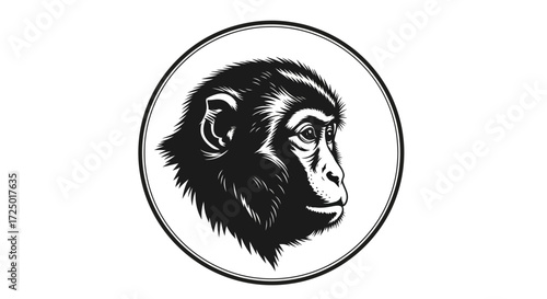 Detailed monochromatic illustration of a primate's head, presented in profile within a sleek circular frame, offering a versatile graphic design element for wildlife and nature themes