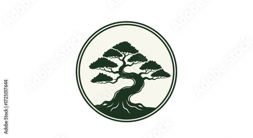 Serene illustration of a traditional Japanese bonsai tree encircled, embodying tranquility, growth, and enduring natural beauty, perfect for elegant design elements or spiritual branding