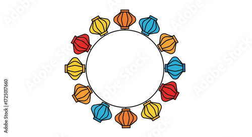 Vibrant Japanese lanterns forming a captivating circular frame, perfect for cultural event invitations, festive celebrations, or decorative graphic design projects with an authentic Asian flair