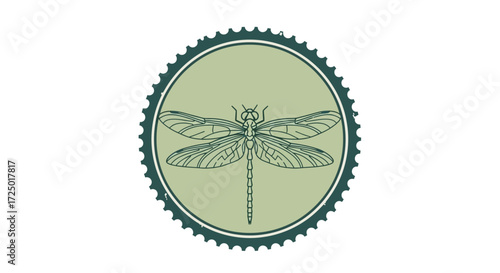 Precise Dragonfly Vector Art Encapsulated in a Stylized Circular Border, a Sophisticated Graphic Design Reflecting Nature's Beauty, Precision, and Serenity