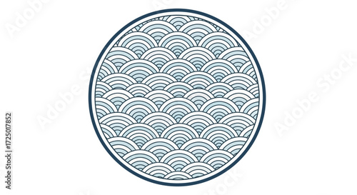 Stylized circular Japanese wave pattern illustration, evoking tranquility and cultural heritage, perfect for contemporary graphic design applications and decorative elements