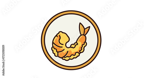 Iconic Japanese cuisine illustration featuring a single, perfectly fried shrimp tempura, with its characteristic golden-brown batter, representing traditional culinary art