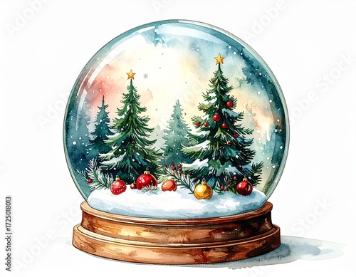 Watercolor illustration of a Christmas snow globe with delicate hand-painted style and soft winter festive atmosphere