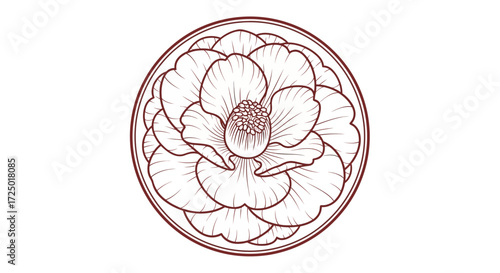 Elegant line art drawing of a delicate blooming flower, intricately detailed within a circular frame, reflecting a timeless traditional botanical aesthetic