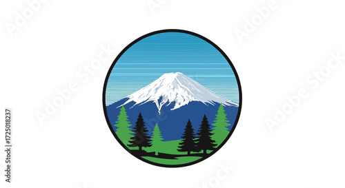 Iconic Japanese mountain landscape illustration capturing the serene beauty of a snow-capped peak with evergreen trees and a vibrant sky, perfect for travel and cultural themes