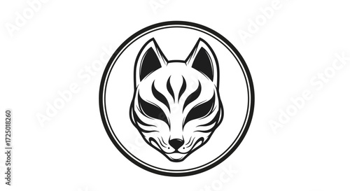 Elegant monochrome illustration of a traditional Japanese fox mask, capturing the essence of ancient folklore, spiritual guardianship, and mythical allure for cultural design