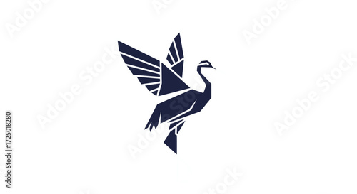 Modern geometric crane illustration, an elegant minimalist bird design with outstretched wings, symbolizing grace and freedom. This stylized animal graphic is ideal for sophisticated branding 