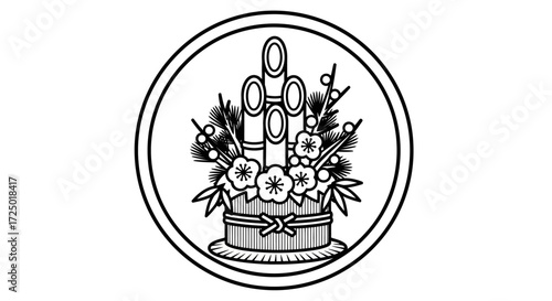 Black and white traditional Japanese Kadomatsu illustration, an auspicious New Year decoration symbolizing good fortune, prosperity, and festive spirit for cultural celebrations