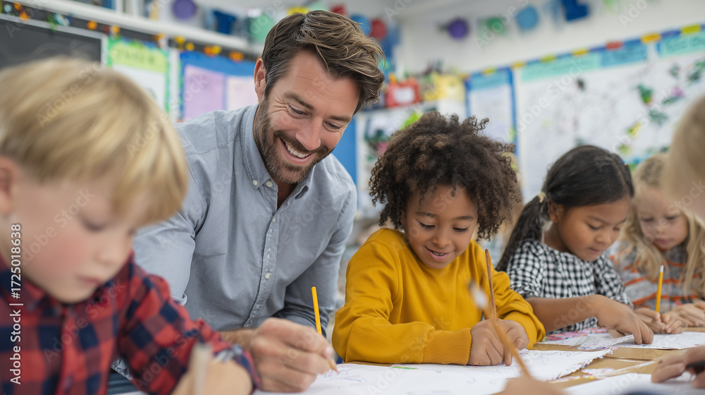 Obraz premium a handsome teacher is helping kids with a creative craft in a school class.